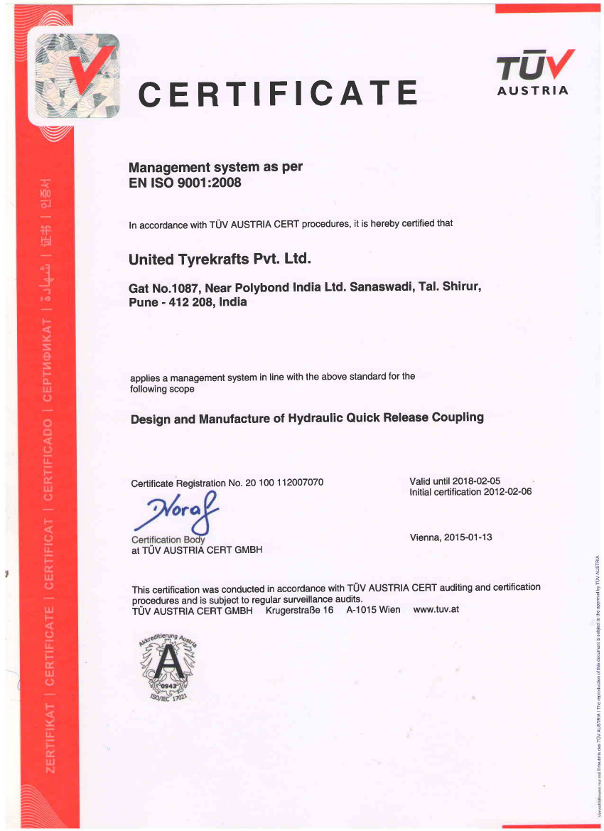 ISO Certification for Design and Manufacture of Hydraulic Quick Release Couplings